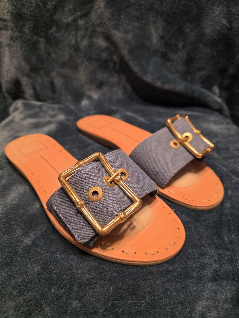 Women’s Blue Denim Slide Sandals with Gold Buckle
